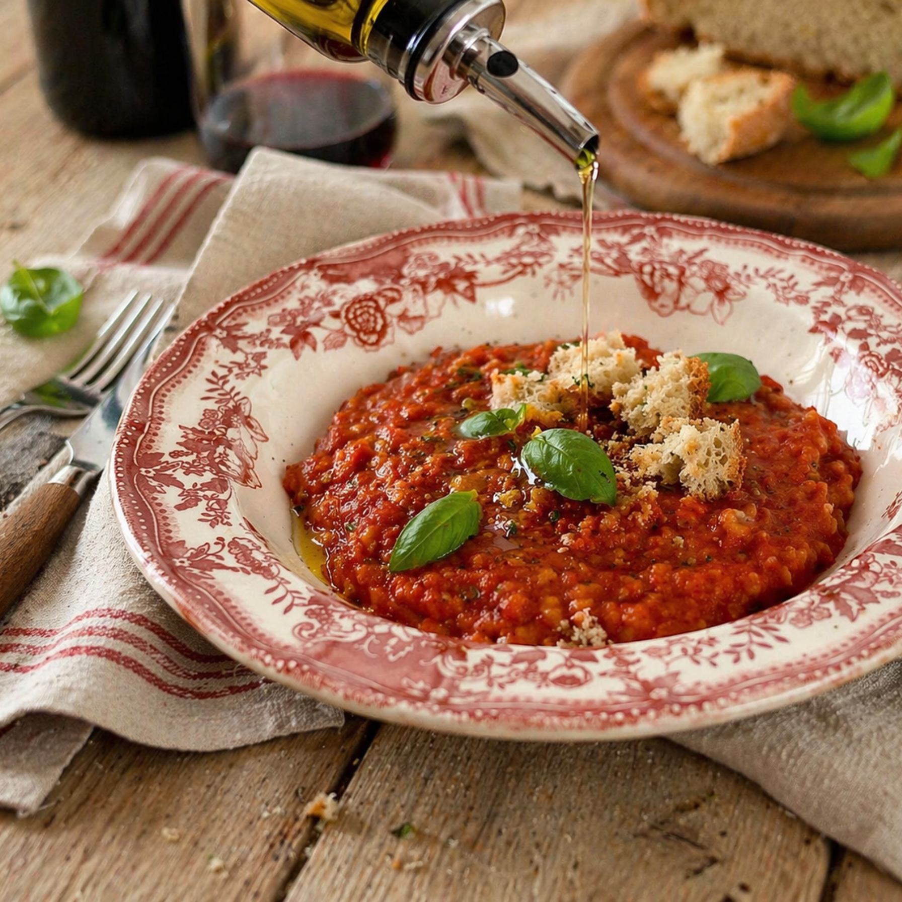 Pappa al pomodoro Legù calda e cremosa con basilico fresco, crostini croccanti e olio a filo