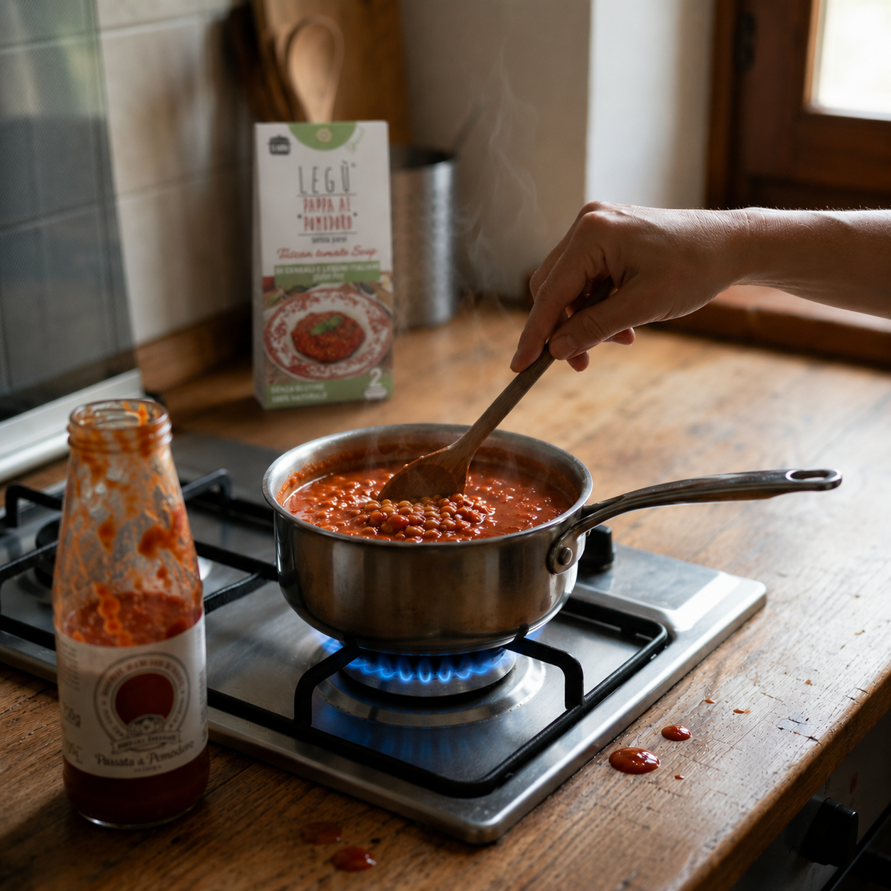 Preparazione della pappa al pomodoro Legù in pentola con passata di pomodoro e cottura veloce