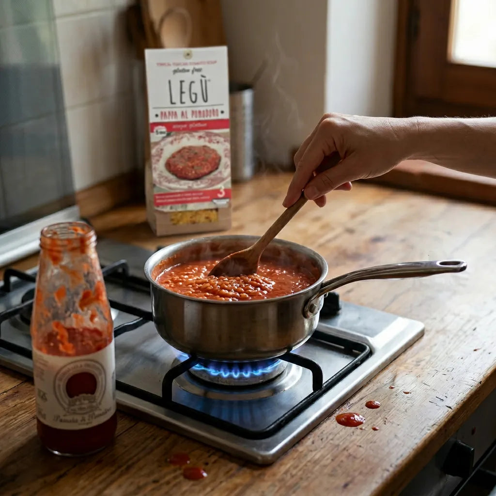 Preparazione della pappa al pomodoro Legù in pentola con passata di pomodoro e cottura veloce