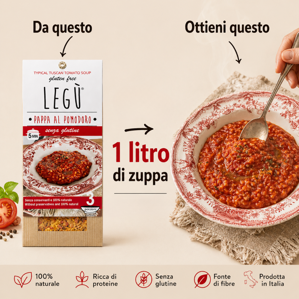 Confezione di pappa al pomodoro Legù a confronto con piatto pronto: da 90g si ottiene circa 1 litro di zuppa (3 porzioni)