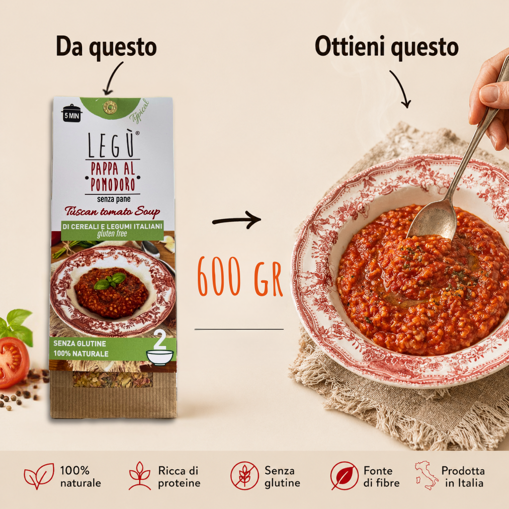 Confezione di pappa al pomodoro Legù a confronto con piatto pronto: da 90g si ottiene circa 600gr di zuppa (2 porzioni abbondanti)