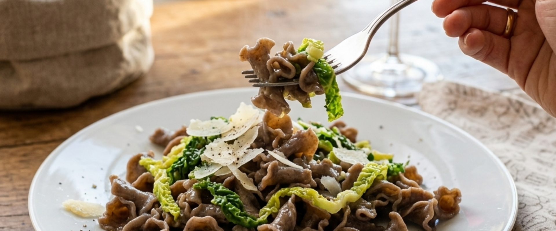 Pasta di legumi Legù con cavolo nero e scaglie di formaggio servita in un piatto gourmet.