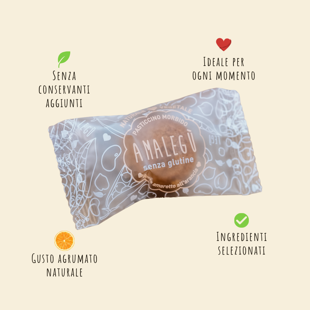Infografica dei Pasticcini Morbidi all'Arancia LEGÙ, evidenziando senza conservanti, gusto agrumato, ingredienti selezionati e morbidezza irresistibile, ideali per ogni momento