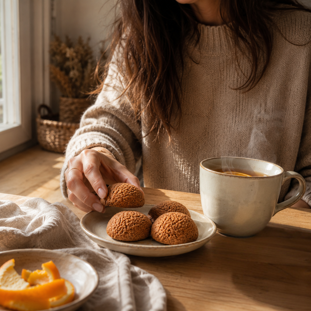 pasticcini morbidi all'arancia Amalegù, su piatto con caffè. momento degustazione