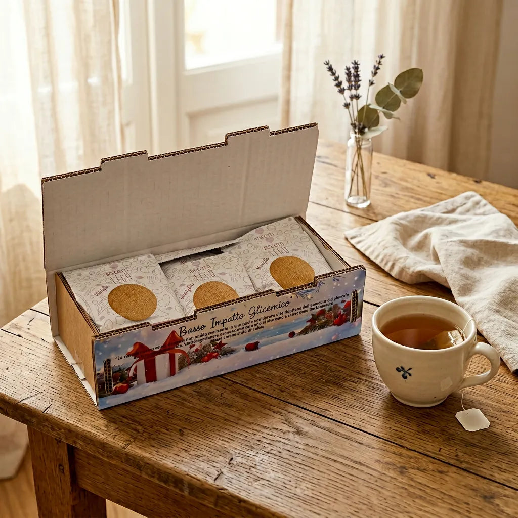 Confezione aperta di biscotti LEGÙ alla vaniglia su tavolo in legno, con tazza da tè; dolci di legumi e proteine vegetali.