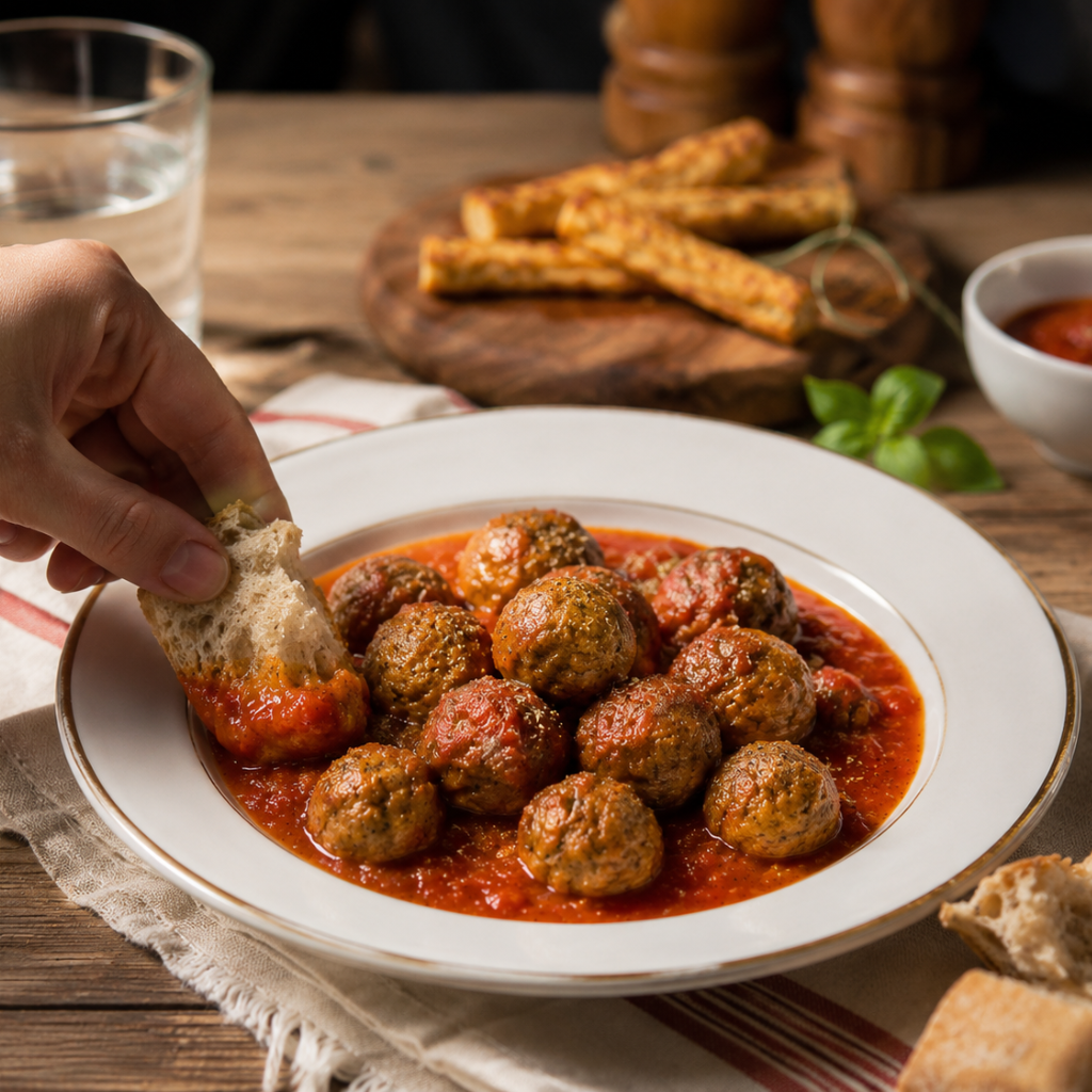 Polpette Legù al sugo di pomodoro con pane rustico immerso nel sugo su tavola in legno