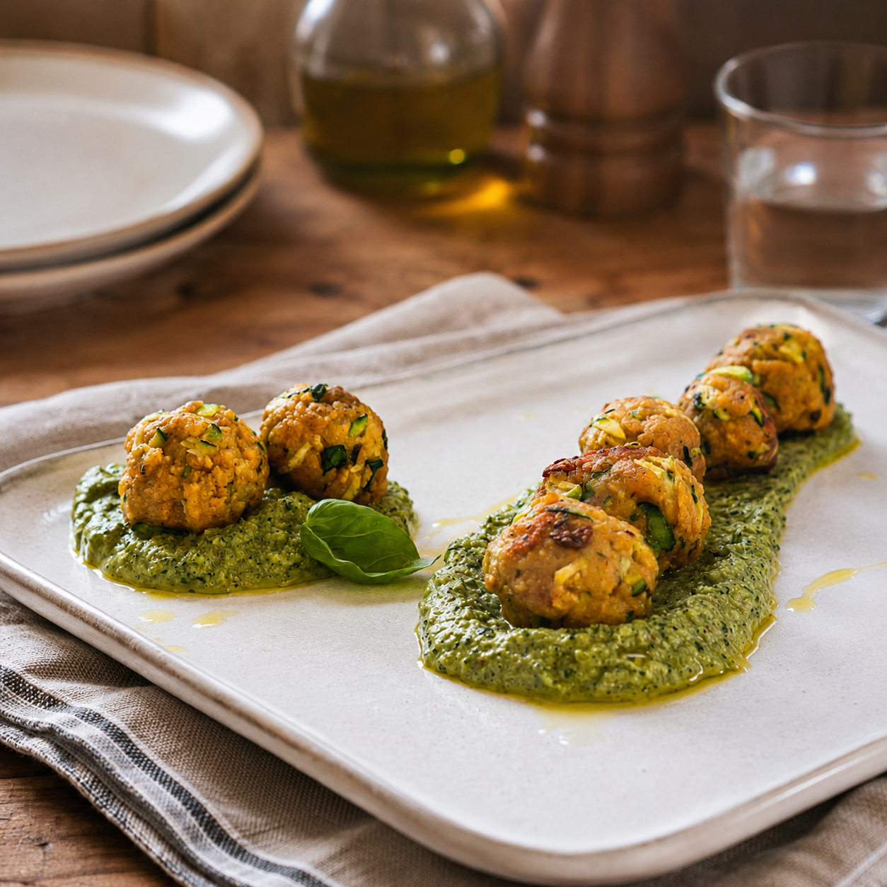 Polpette Legù con verdure servite su un pesto di basilico