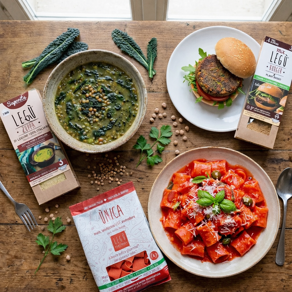 Preparare cena veloce con zuppa pasta di legumi e burger Legù in pochi minuti. Idee cena veloce e sana dopo lavoro.