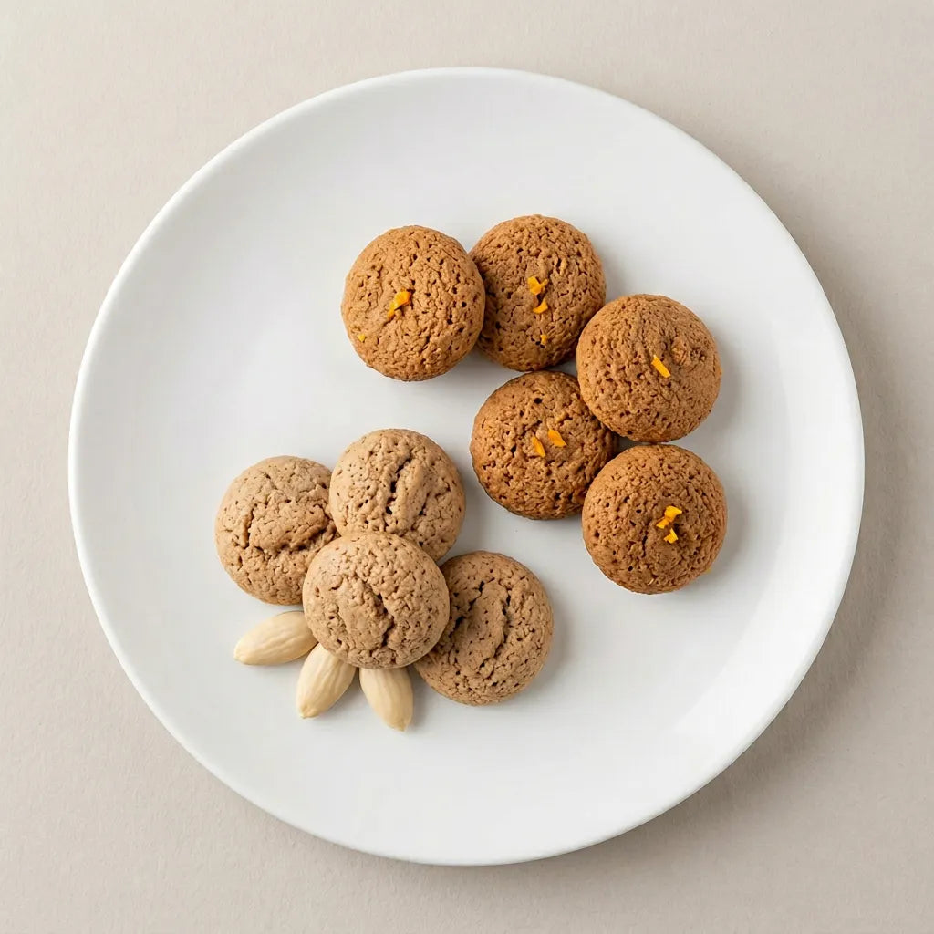 Pasticcini assortiti LEGÙ con mandorla e arancia su piatto bianco, dolcetti di legumi senza glutine per uno spuntino ricco di proteine vegetali.
