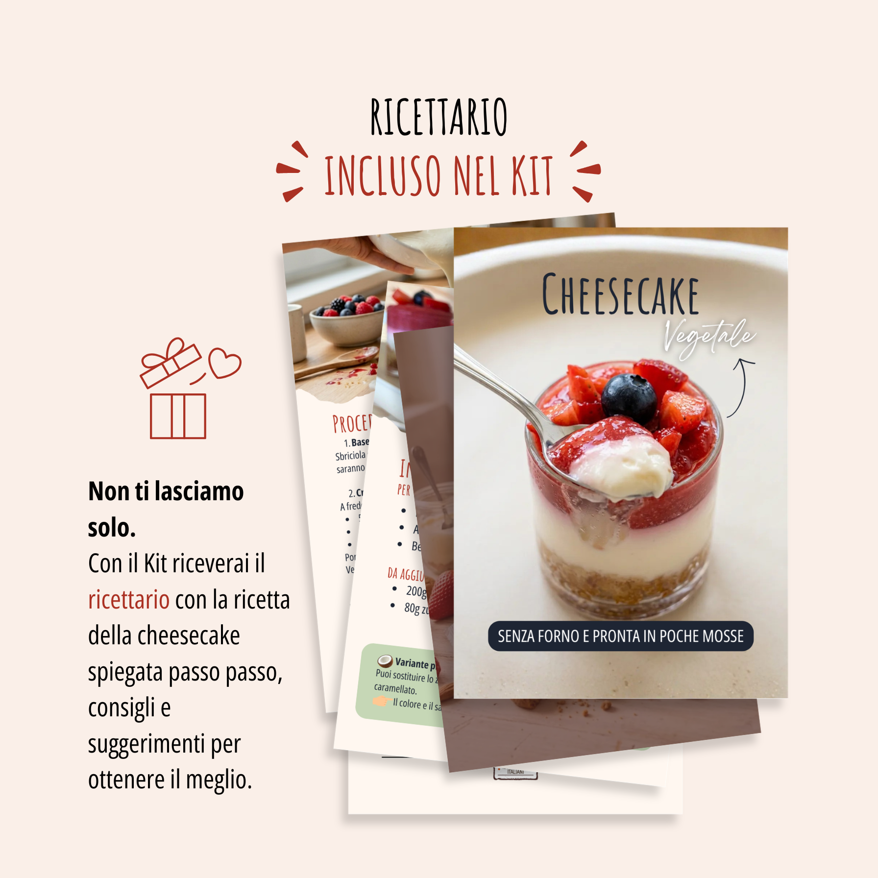 Anteprima ricettario cheesecake Legù incluso nel kit con guida passo passo per preparare il dolce senza forno