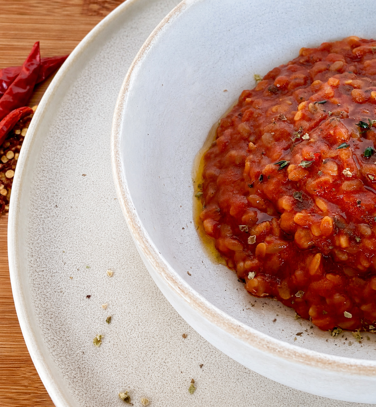 Risone LEGÙ con lenticchie rosse e grano saraceno in un piatto fumante, condito e con peperoncino. Proteine vegetali senza glutine.