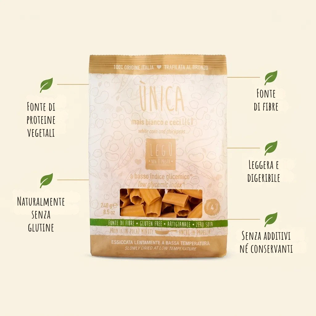 Infografica con confezione di Rustici Ùnica LEGÙ da mais bianco e ceci. Vengono evidenziati benefici: fonte di proteine vegetali, naturalmente senza glutine, fonte di fibre, leggera e digeribile, senza additivi né conservanti.  Pasta di legumi italiana.