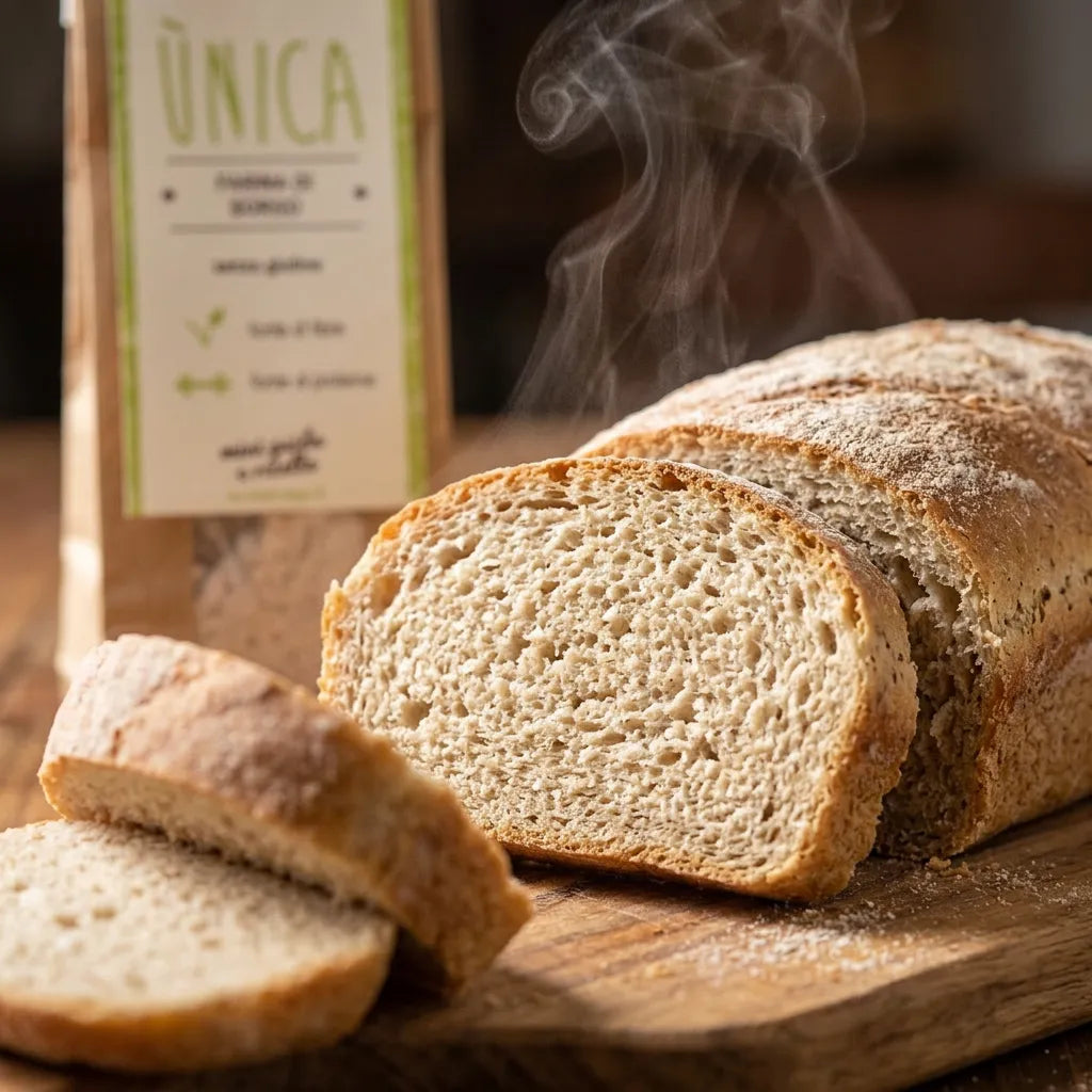 Confezione di farina di sorgo LEGÙ e pane appena sfornato, affettato, che fuma su un tagliere di legno. Pane di legumi senza glutine e proteine vegetali.