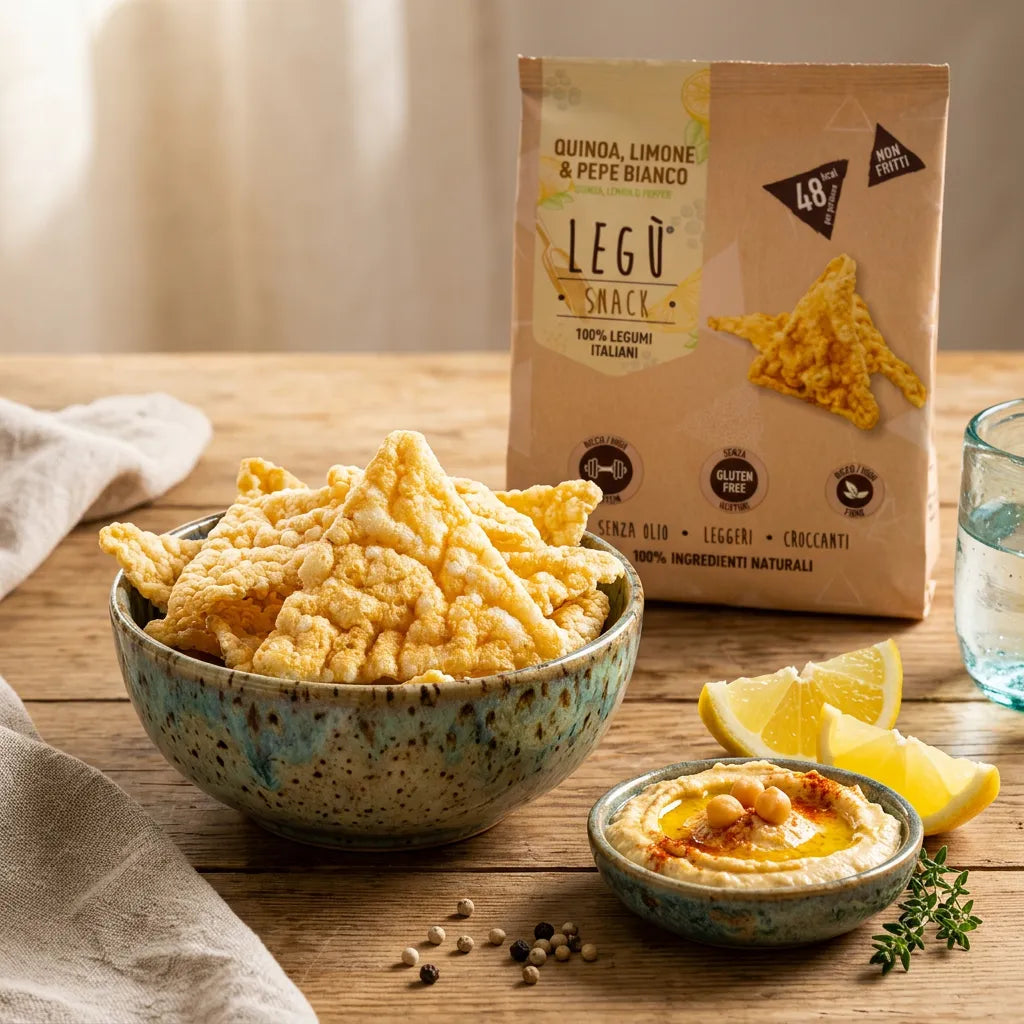 Snack LEGÙ Triangoli Quinoa, Limone & Pepe bianco in ciotola di ceramica, hummus e limone. Snack di legumi, croccanti e senza glutine.