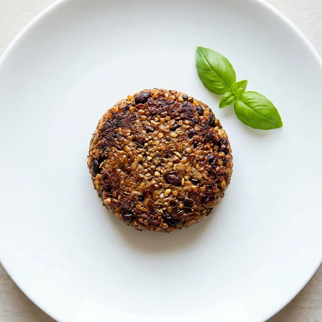 Un Mix Burger LEGÙ, ricco di legumi e semi, su un piatto bianco, guarnito con foglie di basilico fresco. Senza glutine e fonte di proteine vegetali.