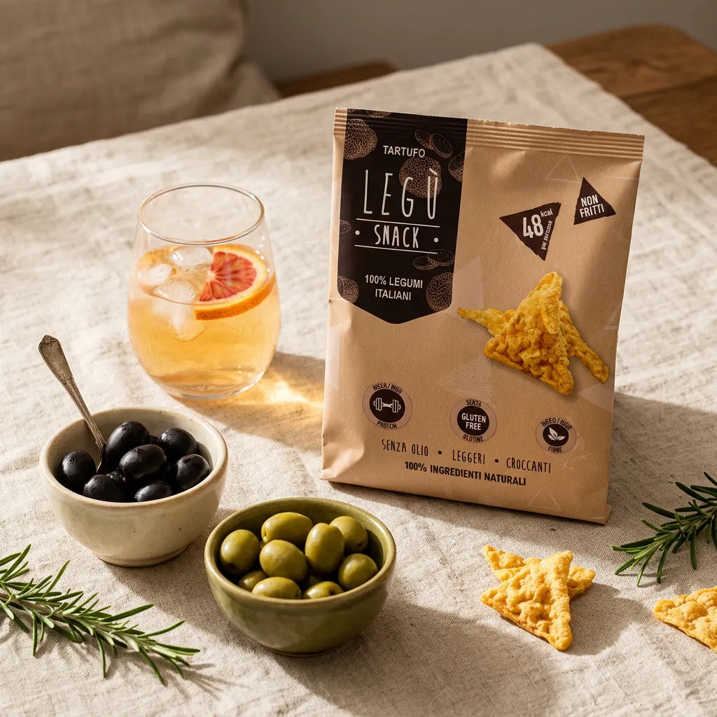 Confezione di Triangoli al Tartufo LEGÙ, snack di legumi senza glutine e ad alto contenuto proteico, con olive e un drink.