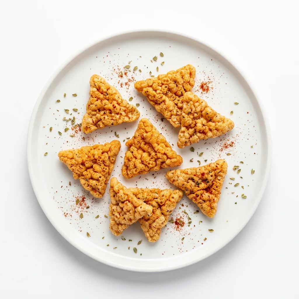 Triangoli Pizzaiola LEGÙ disposti su un piatto bianco, cosparsi di spezie. Snack di legumi, senza glutine e ricco di proteine vegetali.