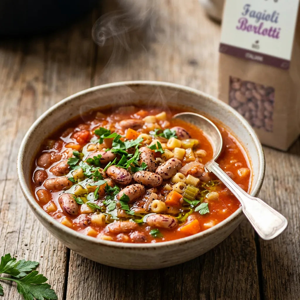 LEGÙ Hot Borlotti Bean Soup with Pasta and Vegetables, an Italian recipe offering plant-based protein.