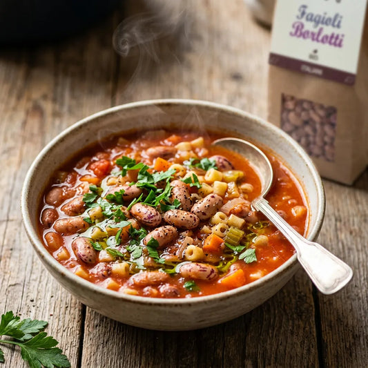 Sopa caliente de alubias Borlotti LEGÙ con pasta y verduras, una receta italiana que ofrece proteína vegetal.
