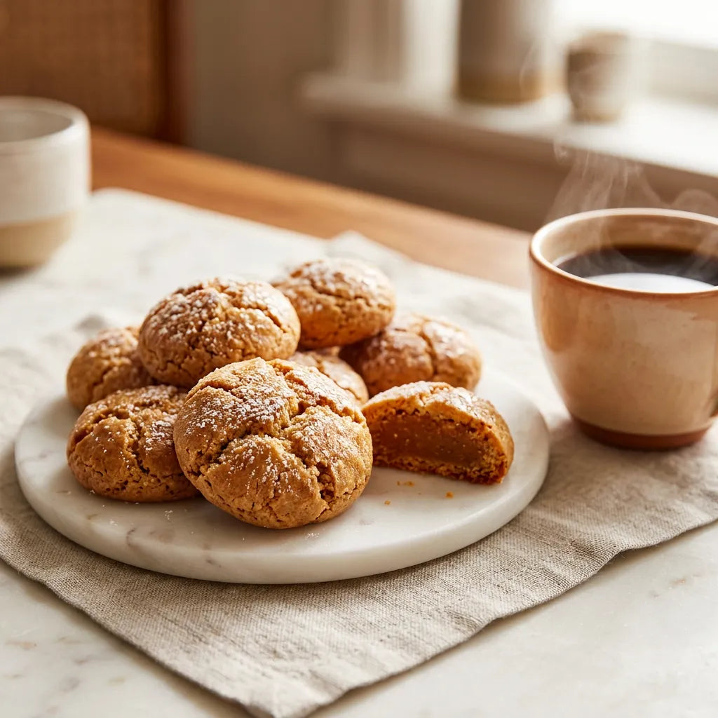 Pasticcini morbidi alla mandorla LEGÙ spolverati di zucchero a velo, su un piatto di marmo con caffè fumante. Biscotti di legumi senza glutine e vegani, ricchi di proteine vegetali.