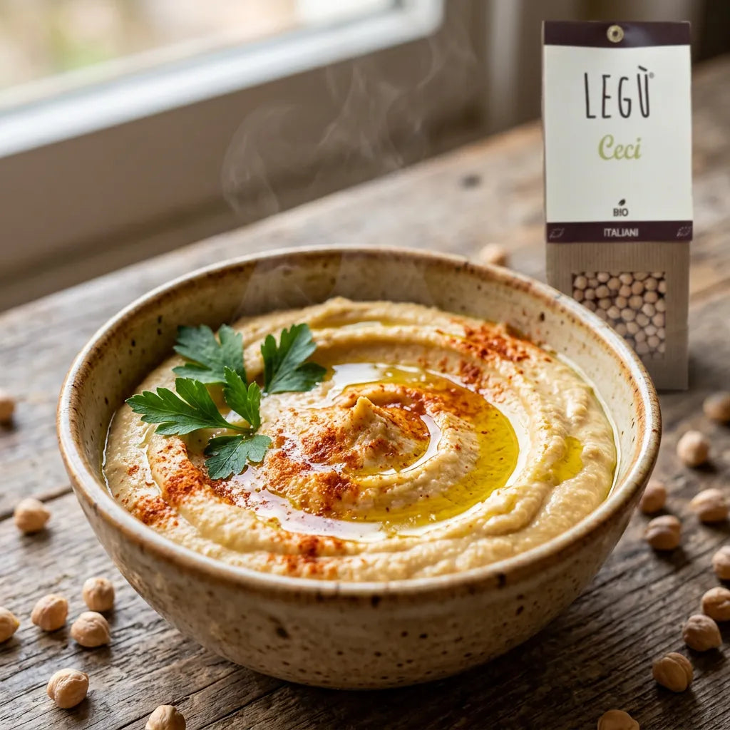 Ceci biologici LEGÙ sotto forma di hummus in ciotola, guarnito con olio e paprika. Delizioso piatto di legumi senza glutine e ricco di proteine vegetali.