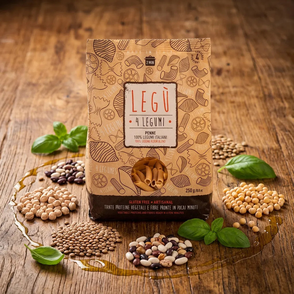 Confezione di Penne 4 Legumi LEGÙ su legno, con legumi sparsi e basilico. Pasta di legumi senza glutine ricca di proteine vegetali.