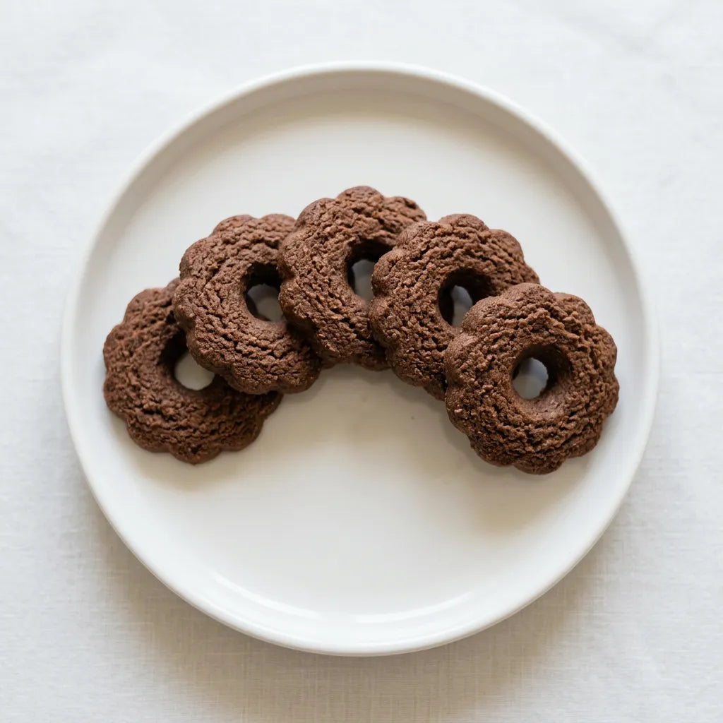 LEGÙ cinnamon cookies arranged on a white plate, gluten-free legume treats with plant-based protein.