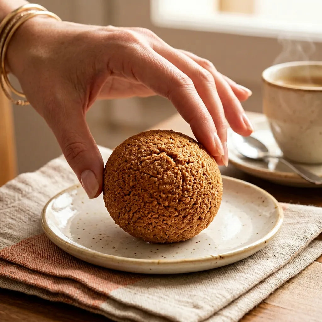 Una mano sta per afferrare un morbido pasticcino LEGÙ all'arancia su un piatto in ceramica, con caffè fumante sullo sfondo. Dolci di legumi senza glutine e con proteine vegetali.