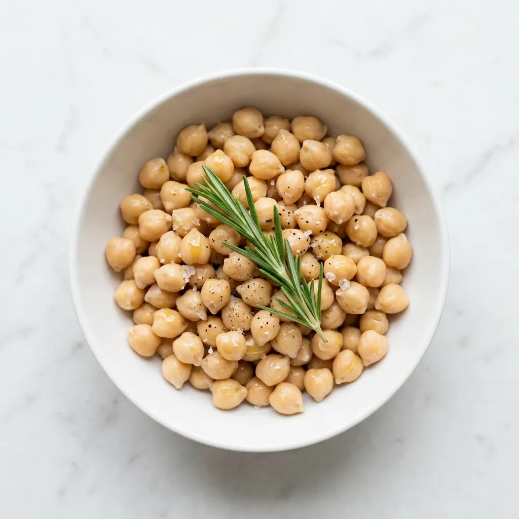 Ceci biologici LEGÙ in una ciotola bianca, conditi con rosmarino fresco, sale marino e pepe nero macinato; legumi senza glutine e ricchi di proteine vegetali.
