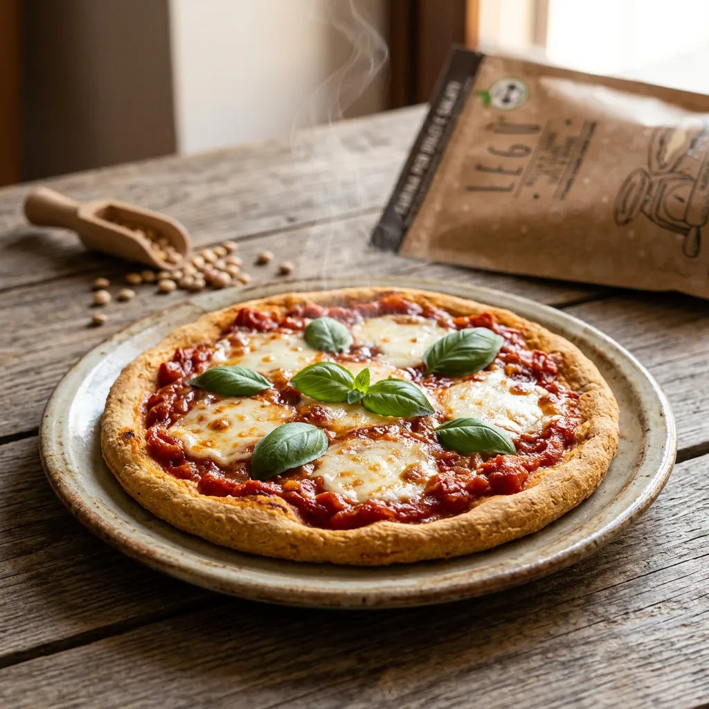 Pizza margherita con impasto fatto con LEGÙ Miscela di Farine di Legumi, ingredienti senza glutine e ad alto contenuto di proteine vegetali.