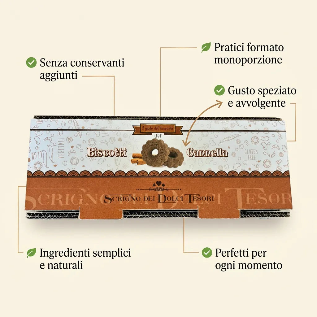 Infographic with LEGÙ cinnamon cookie box highlighting the benefits: no preservatives, single-serving, spicy taste, simple ingredients, and perfect for any moment, legume cookies.