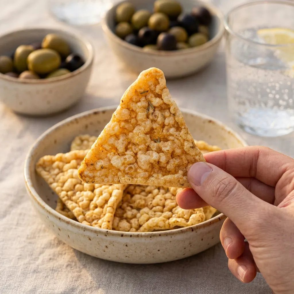 Mano che afferra un Triangolo Rosmarino LEGÙ su tavola con olive, snack di legumi italiani senza glutine e proteine vegetali, perfetto per aperitivo.
