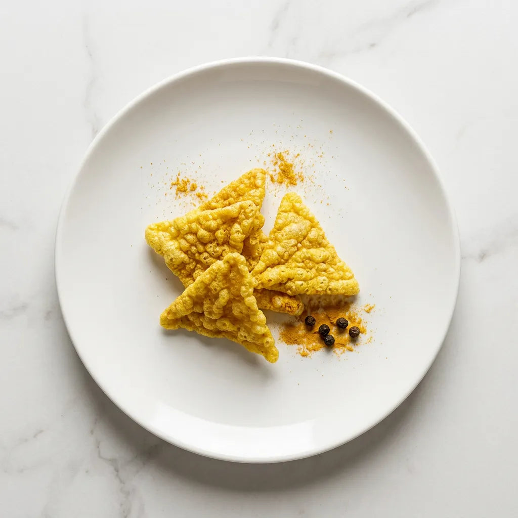 Triangoli Curcuma & Pepe LEGÙ posti su piatto bianco con curcuma e grani di pepe, snack di legumi senza glutine ricco di proteine vegetali.