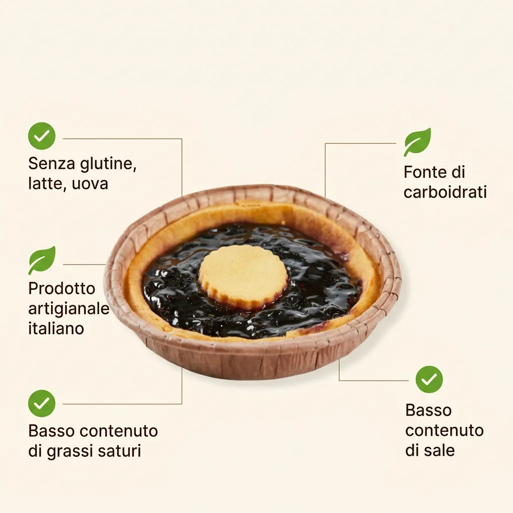 Infografica con crostatina ai frutti di bosco LEGÙ, evidenziando che è senza glutine, latte, uova e a basso contenuto di grassi saturi e sale, oltre ad essere una fonte di carboidrati e prodotto artigianale italiano.