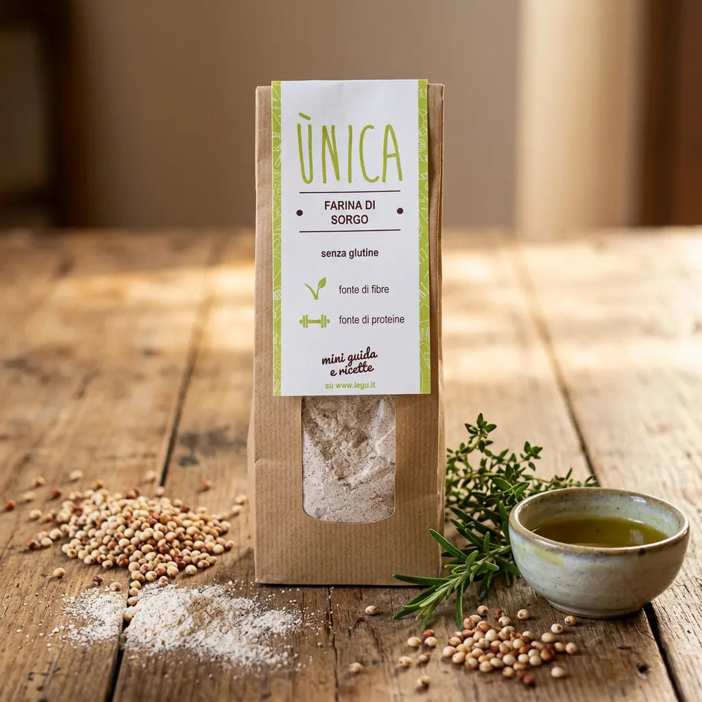 Confezione di farina di sorgo LEGÙ, senza glutine e fonte di fibre e proteine. Affiancata da grani di sorgo e olio d'oliva.
