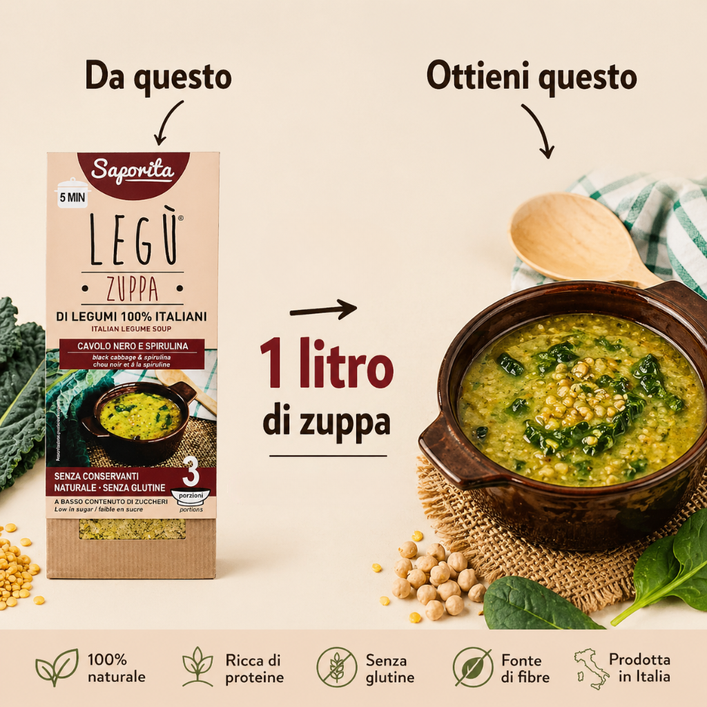 Confezione di zuppa di legumi Legù a confronto con piatto pronto: da 90g si ottiene circa 1 litro di zuppa (3 porzioni)