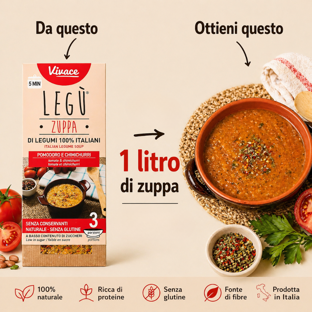 Confezione di zuppa di legumi Vivace pomodoro e chimichurri accanto a una ciotola di zuppa pronta, resa 1 litro pari a 3 porzioni