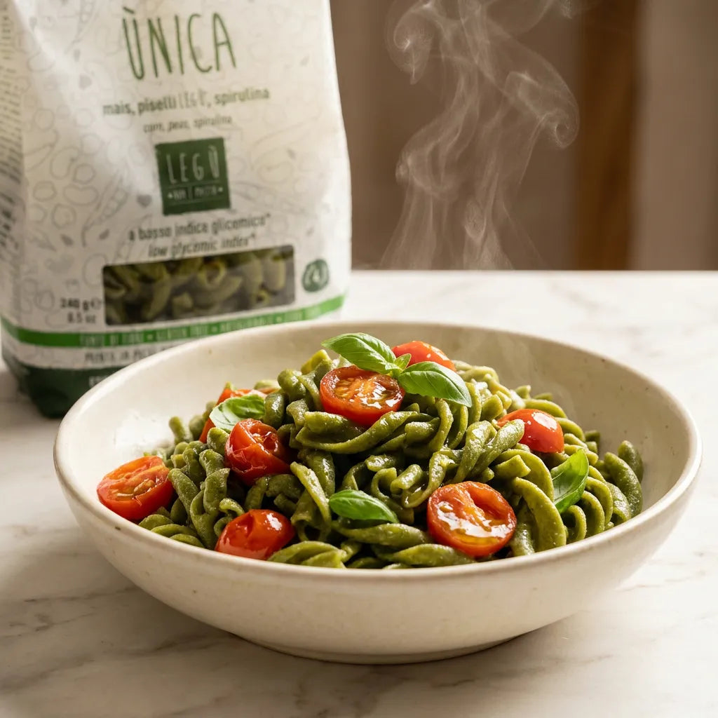 Pasta Intrecci ÙNICA di legumi (mais, piselli, spirulina) fumante in ciotola con pomodorini e basilico, senza glutine e con proteine vegetali.